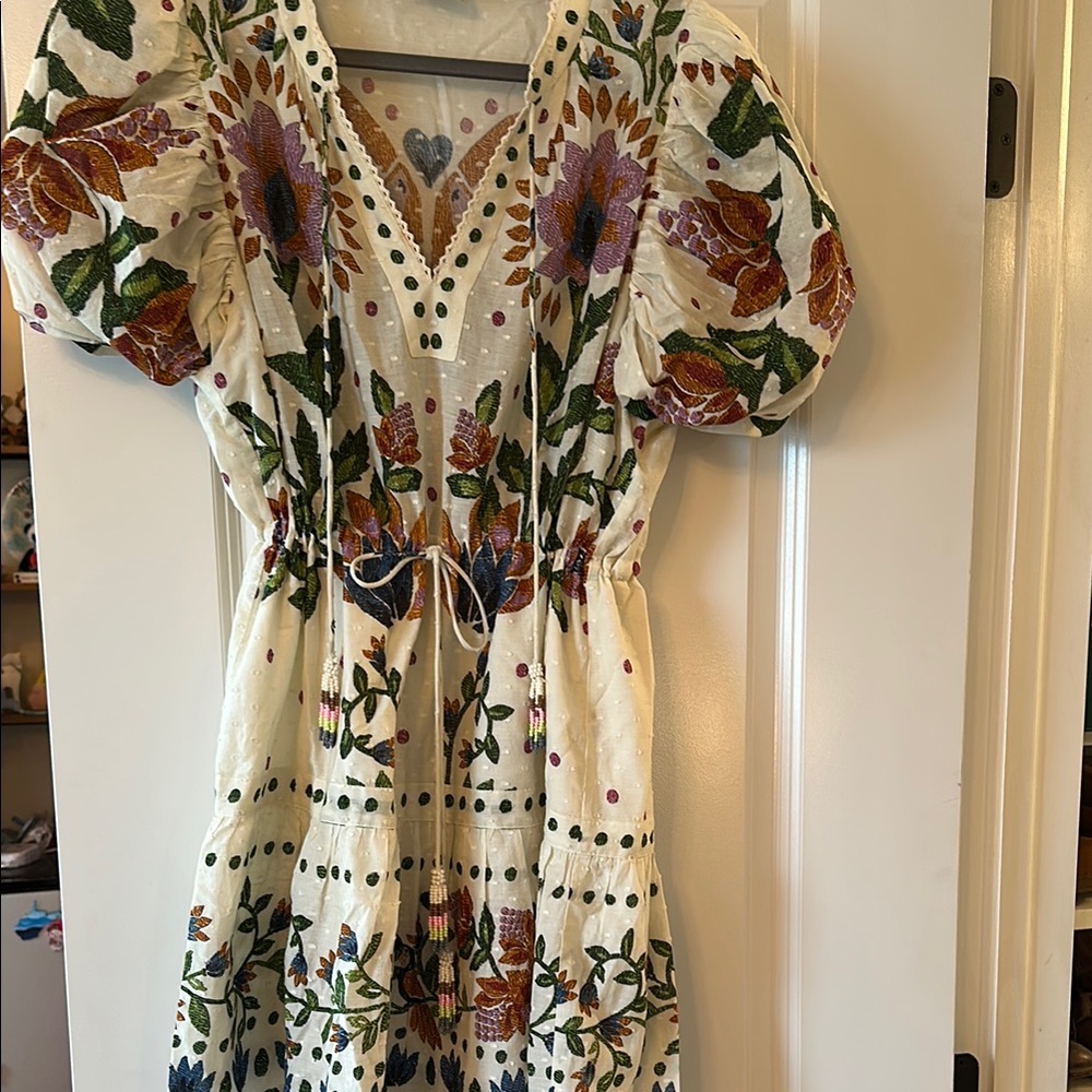 FARM Rio Cream and Green Puff Sleeve Mini Sundress